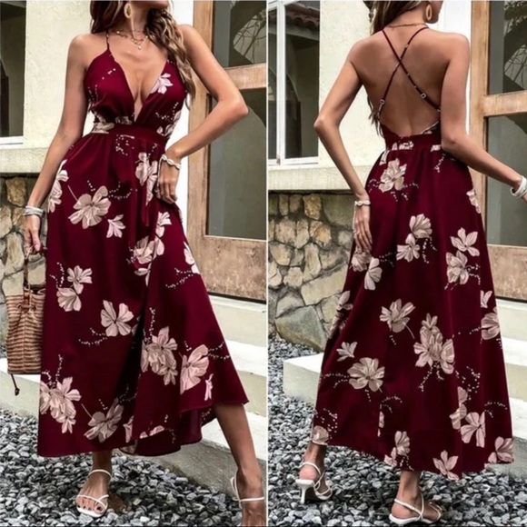 Boho Burgundy Floral Print Backless Maxi Dress - Picture 3 of 6